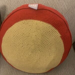 The Sak vintage crocheted red & gold round pillow zipper closure 17”